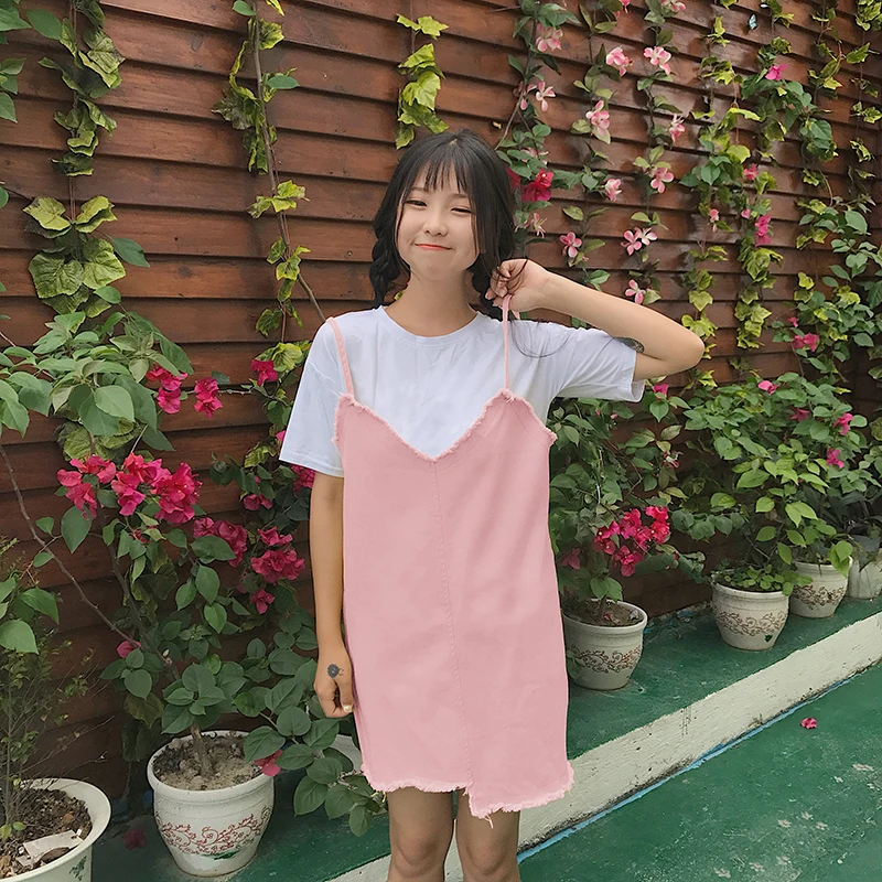 

Pengpious summer new girl student denim dress with T-shirt strap dress frayed hem mini length women two pieces set
