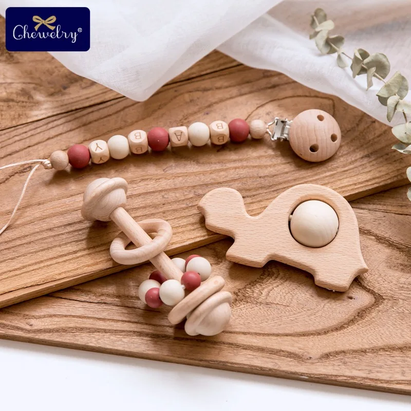 

3pc/Set Baby Pacifier Clip Chain Rattle Toy Food Grade Perle Silicone Beads Wooden Teether Rodent Soother Clasp Nurse Gifts Toys