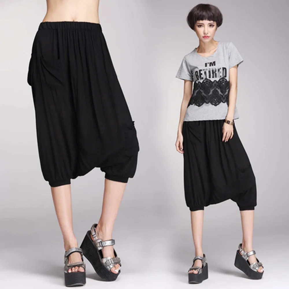 2015 Street Fashion Women's Solid Black Harem Baggy Aladdin Drop Crotch