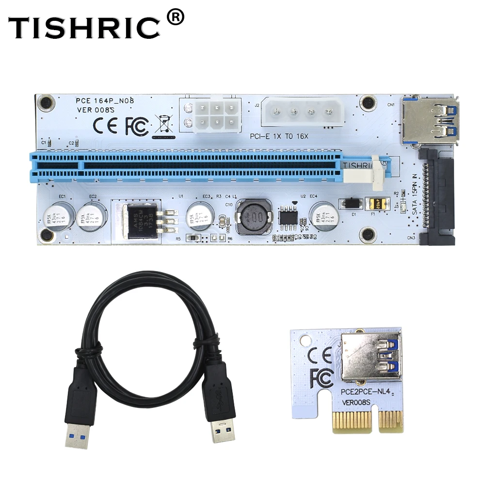 

TISHRIC 10Pcs 008S 3 in 1 Pci-e Extender Pci Express Riser Card 1x 16x SATA To 4Pin 6Pin Molex USB Adapter Cable For BTC Miner