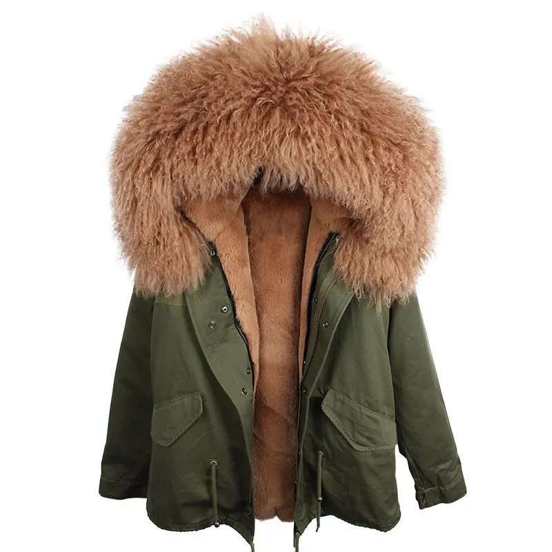 Parka Real Fur Coat Winter Jacket Women Real Mongolia Sheep Fur Parkas Thick Warm Luxury Detachable Outerwear Streetwear - Цвет: green brown