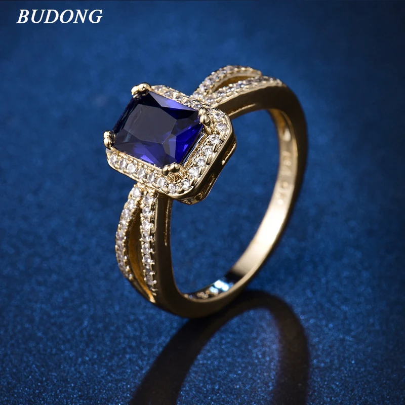 

BUDONG Luxury Rings for Women Geometric Blue Crystal Zircon Gold-Color Anniversary Jewelry Mother's Day Gift XUR374