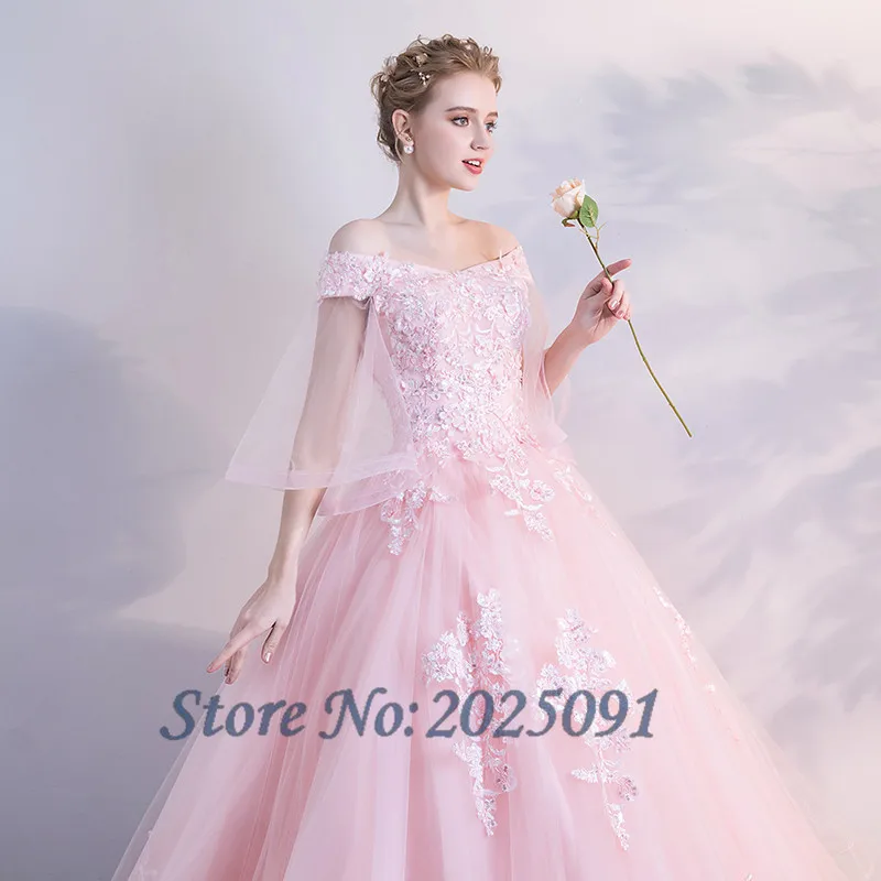 Pink Quinceanera Dresses Ball Gonw Long Prom Dress Tulle With Lace Appliques Masquerade Sweet 16 Dress Vestidos De 15 Anos