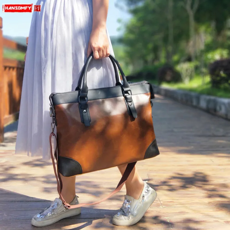 

2019 New business Women's bag handbag female 15.6 inch laptop briefcase ladies retro crazy horse leather shoulder messenger bags