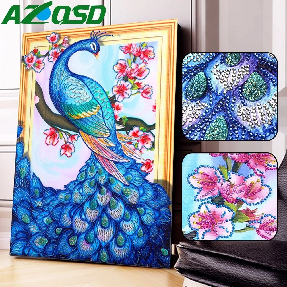 AZQSD Peacock Special Shaped Diamond Painting Animal Partial Round