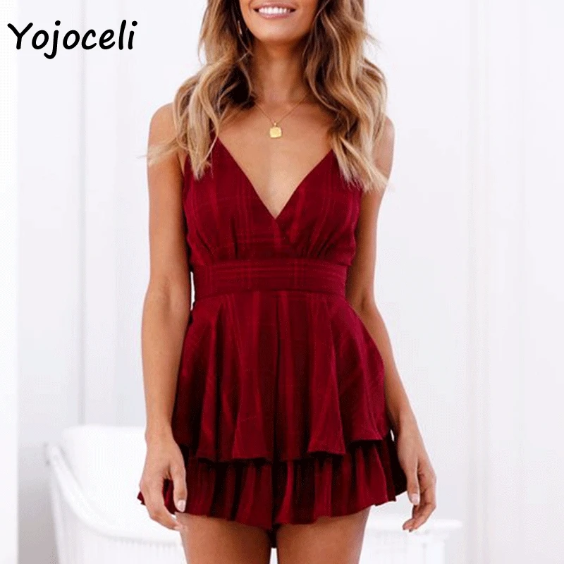 Yojoceli sexy boho beach ruffle jumpsuit romper summer 2019 plaid v neck strap playsuit party bow rompers | Женская одежда