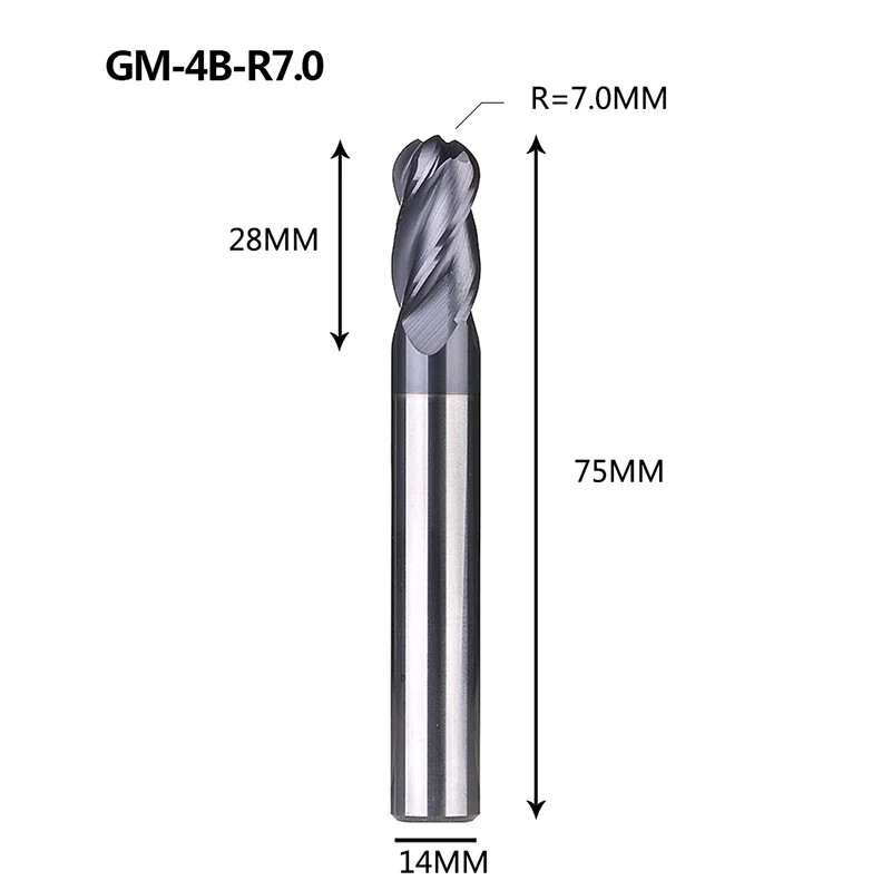 1 шт. GM-4B твердого карбида вольфрама 4 флейты сферическая Концевая фреза с ЧПУ Фрезерный резак режущие инструменты для обработки металла профиль HRC45 - Длина режущей кромки: GM-4B-R7.0