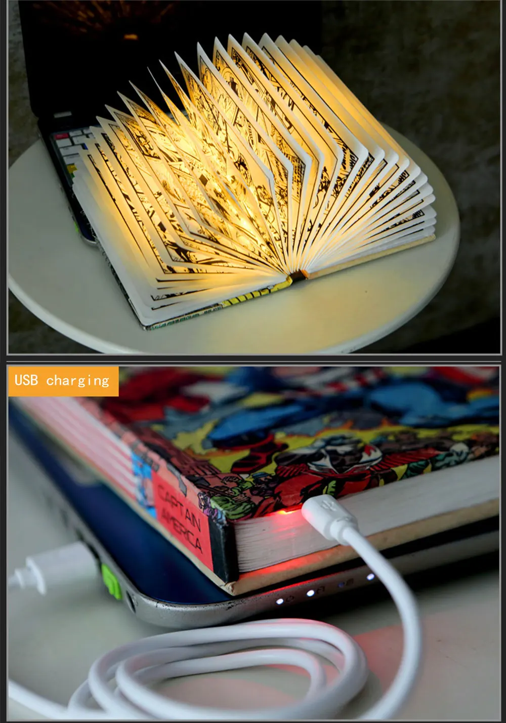 Складной и листать Беспроводной лампа для чтения светодио дный творческой зарядки лампа для чтения Мстители фильма супергероя Железный