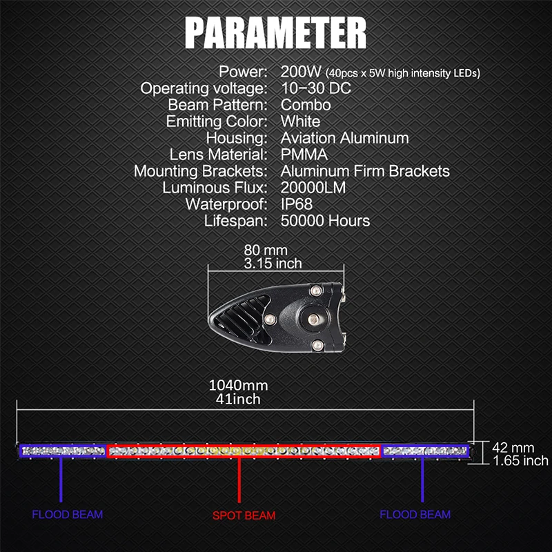 RACBOX 4" 41 дюймов 200 Вт Светодиодный светильник Бар Наводнение комбинированный внедорожный Однорядный 12 В 24 В IP67 морской грузовик 4WD SUV рабочий светильник DRL