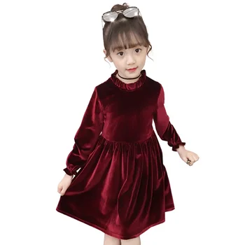 

Cute! Big Girl Velvet Ball Gown Dresses 110-150cm tall Girls Knee-length Dress Full Sleeve Kid Preppy Style Pink Dress Roll Neck