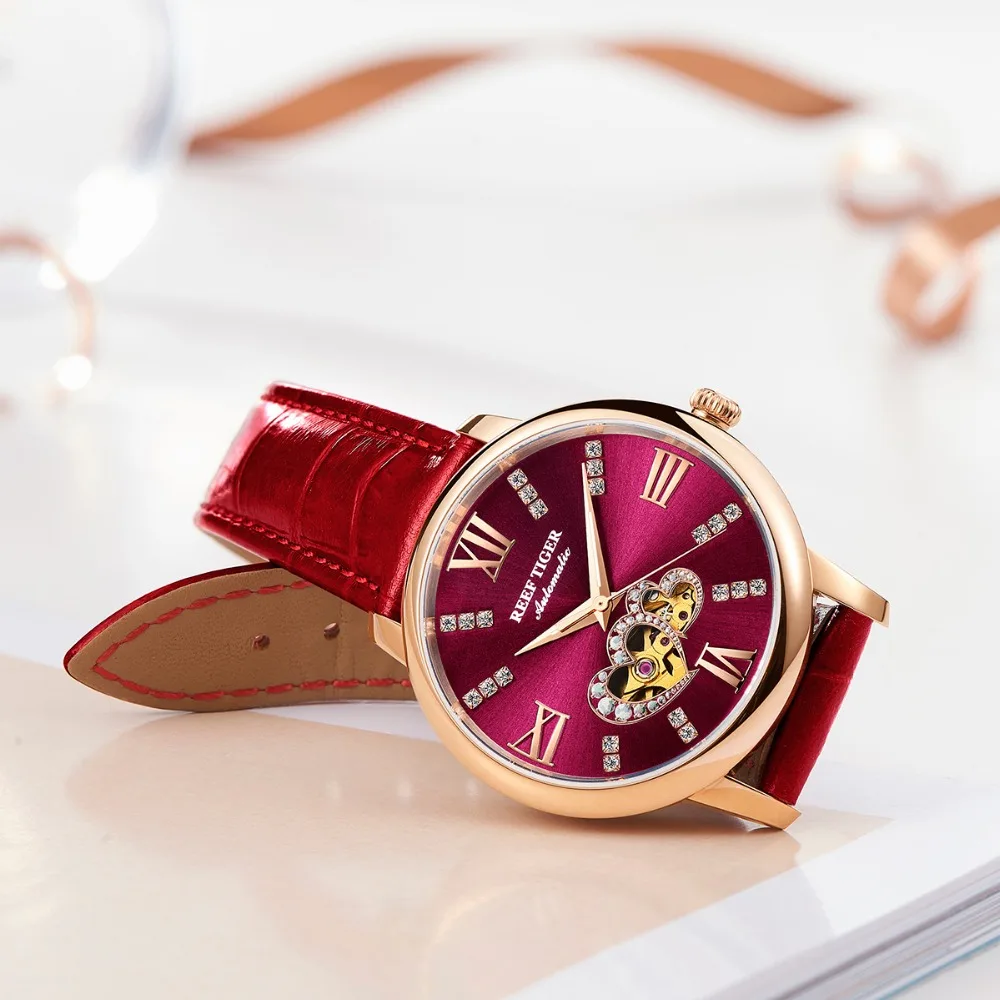 Reef Tiger/RT лучший бренд класса люкс Женские часы автоматические Модные часы Lover Подарочный розово-золотой красный часы Relogio Feminino RGA1580