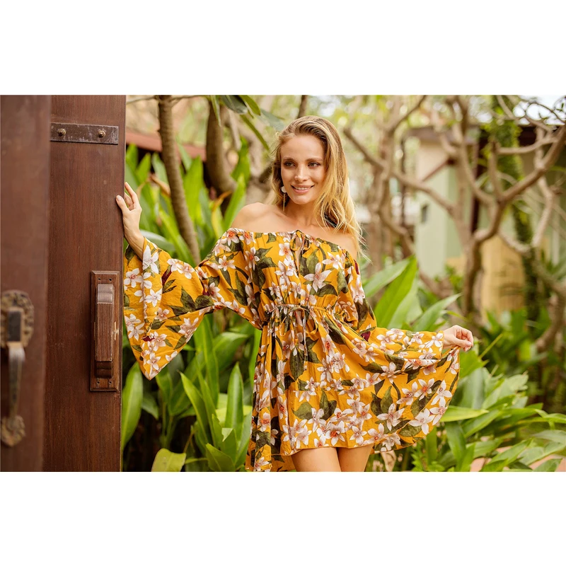 SharVell для женщин Folarl печати Boho платья мода Slash средства ухода за кожей Шеи Империя