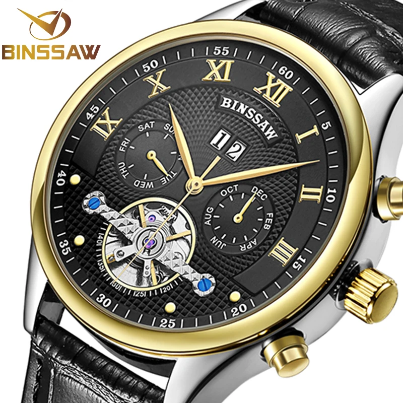 ФОТО BINSSAW Top Luxury Brand Mens Leather Tourbillon Automatic Watch Role Men Wristwatch Mechanical Steel Watches relogio masculino