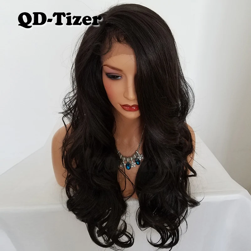 QD-Tizer, длинный волнистый синтетический кружевной парик, бесклеевой коричневый цвет, часть, жаростойкий синтетический кружевной передний парик для женщин