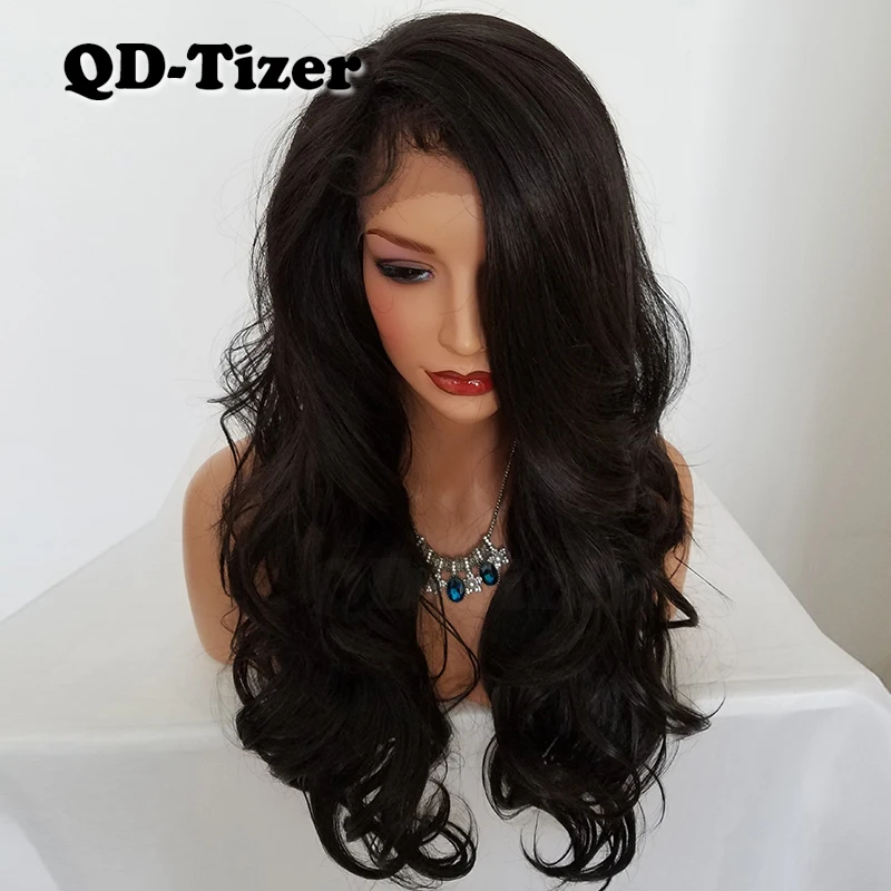 QD-Tizer Long Body Wave Synthetic Lace Wig Glueless Brown Color Free Part Heat Resistant Synthetic Lace Front Wig for Women