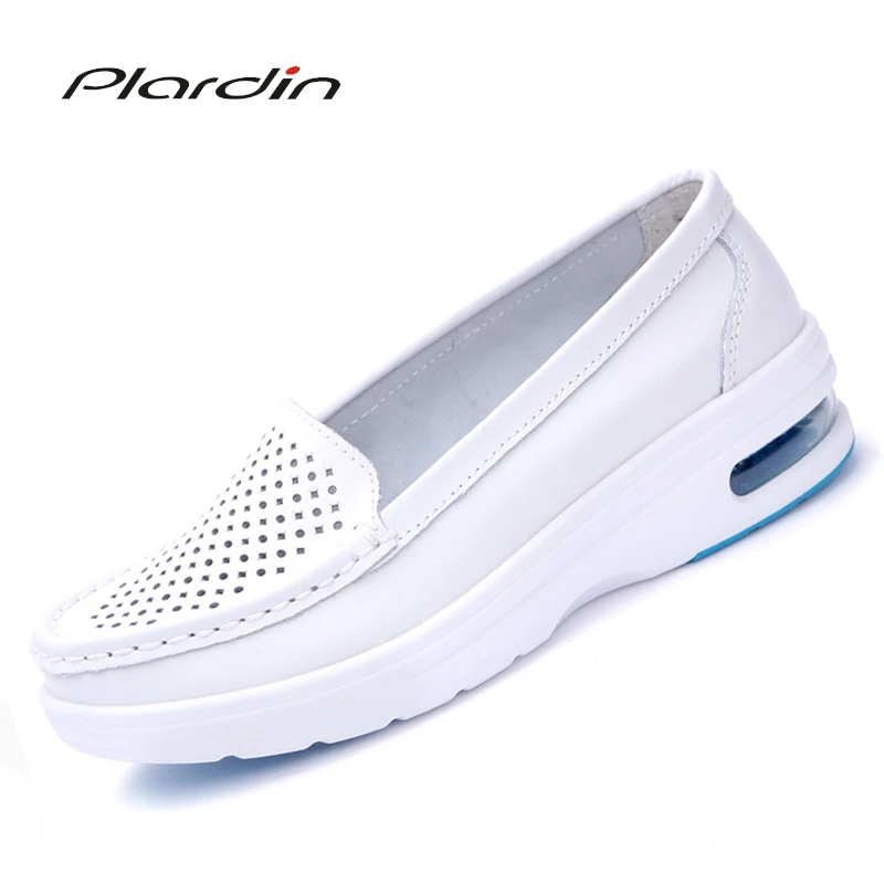 

Plardin New Women White Nurse Shoes Woman Platform Soft Comfortable Air Cushion Casual Genuine Leather Antiskid Shoes Flats