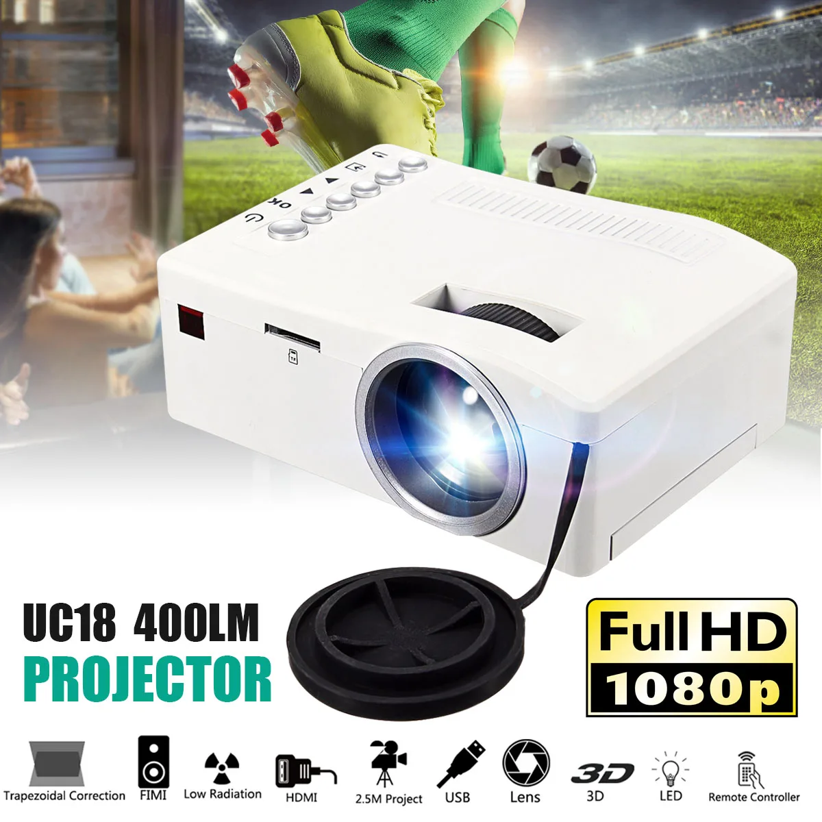 

400 Lumen Portable Mini Full HD 1080P LED Projector 320 x 180 Resolution Cinema Theater PC VGA USB SD AV Input HDMI