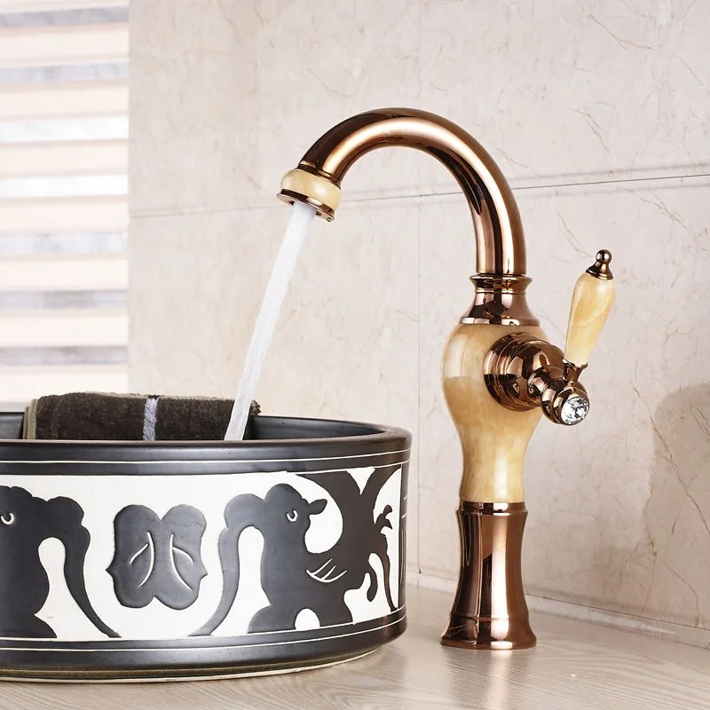 Creative Single Handle Rose Golden & Marble Countertop Basin Sink Faucet Deck Mounted Hot and Cold Bathroom Kitchen Taps