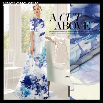 

[ CLEARANCE SALE ] PRINTED SILK CHIFFON 140cm width 8momme 100% Natural Pure Silk Chiffon Brocade Blue Flower