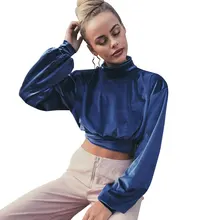 Для женщин Harajuku пикантные водолазка с длинными рукавами бархатные футболки женские эластичный пояс элегантный синий укороченный Топы