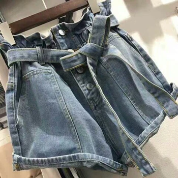 

Bandage Buttons Denim Shorts Women Summer High Waisted Pockets Jeans Shorts Streetwear A-line Short Pants Hot Short