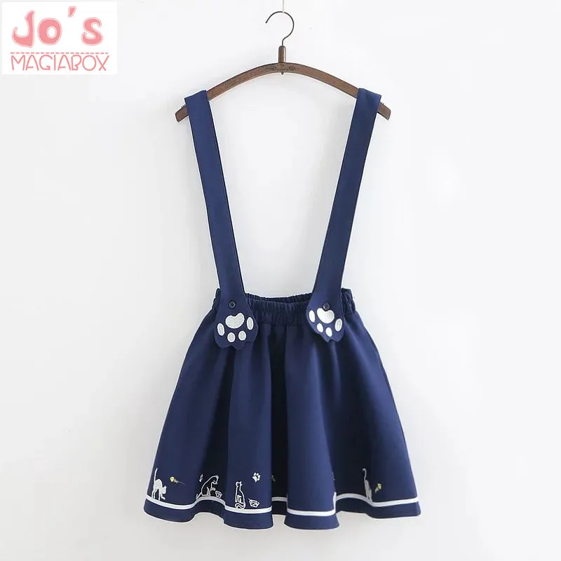 

New Summer Women Dress Cat Dog Embroidery Maxi Harajuku Kawaii Cute Linen Cartoon Strap Cartoon Mini Japanese School Dress