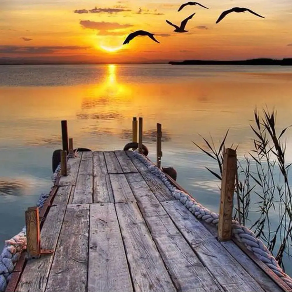 

5D Seagull Sunset Wooden Bridge Diamond Embroidery DIY Handicraft Needlework Round Full Diamond Painting Cross Stitch Set