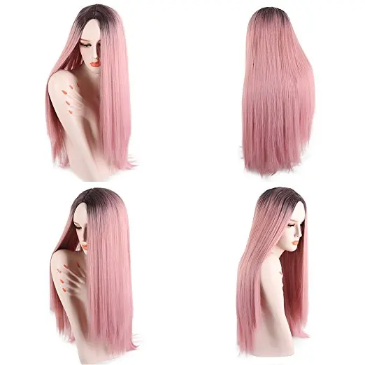 Deyngs 30inch Long Straight Ombre Light Pink Synthetic Wigs for BlackWhite Women Middle Part Wigs Dark Roots Heat Resistant Wig (3)