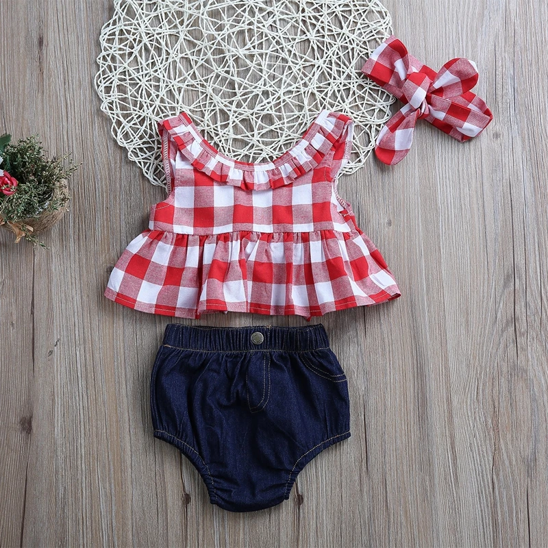 Summer Children Clothing Plaids Baby Girl Clothes Sets Outfits Clothes T-shirt Tops Blue Jeans Shorts Bow Headband