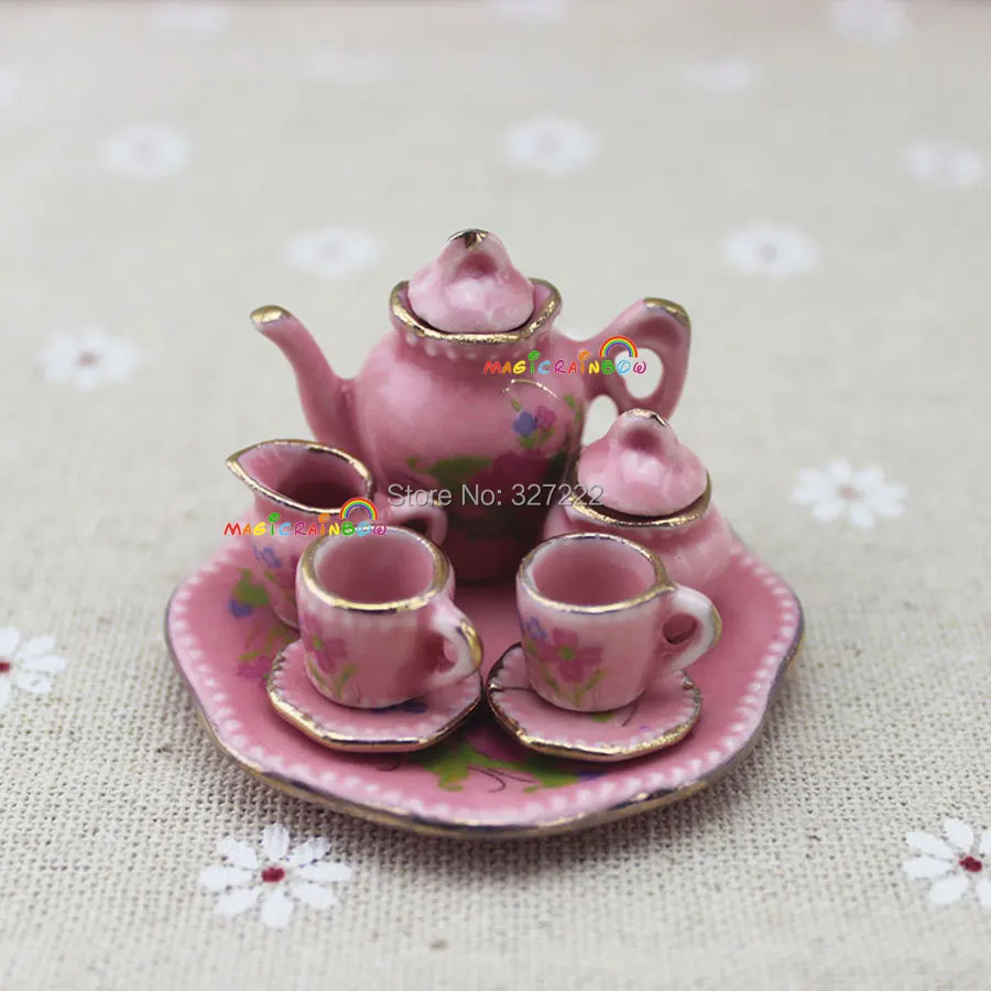 1/6 Miniatur Geschirr 8 Stück Porzellan Sommerblüte Teeservice Set Neu 