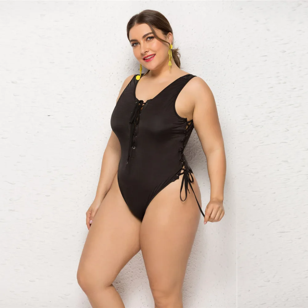 2019 women's plus-size bikinis set summer solid color deep V-neck one-piece hanging neck strap bikini swimsuit push up 40J8 (4)