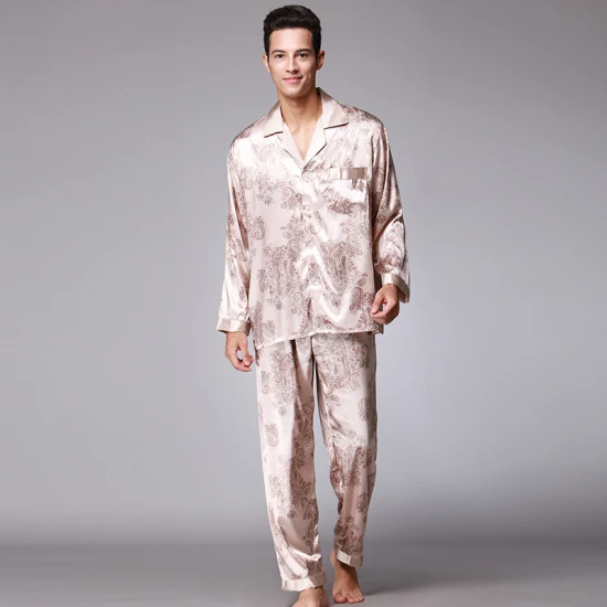 SSH005 новые модные мужские пижамы атласные шелковые длинные рукава брюки 2 шт. пижамный комплект весна осень высокое качество ночная рубашка мужская одежда для сна - Цвет: Camel