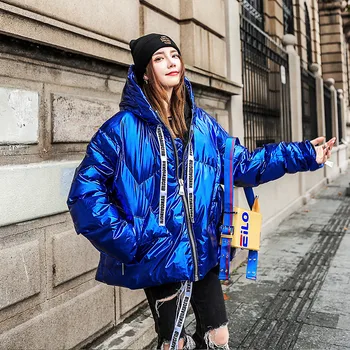 

Women Parkas 2018 Winter Korean Loose Short Thick Cotton Jacket Fashion Loose Casual Hooded Cotton Coat Blue Metalic Bubble Coat