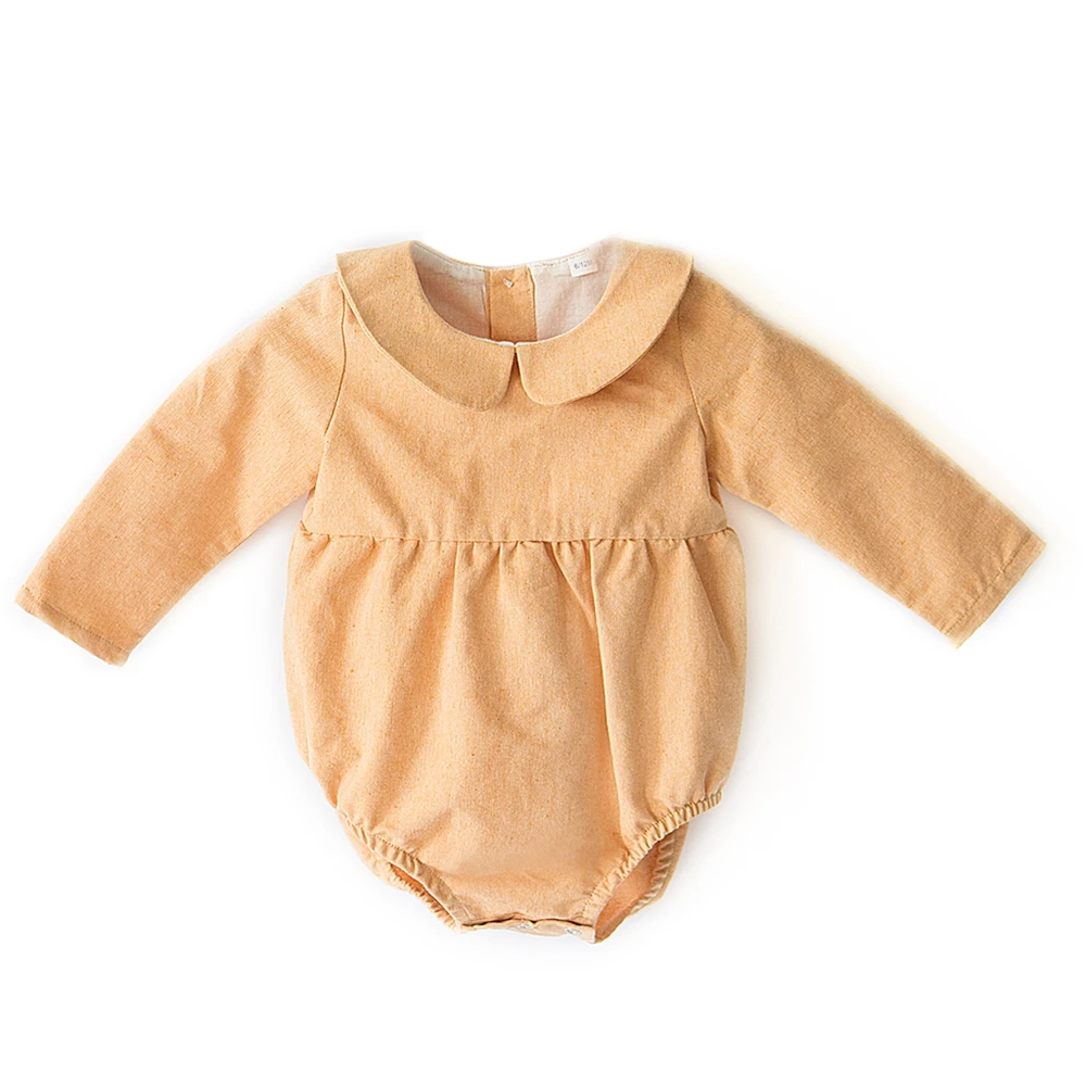 

European Baby Girls Romper,Mustard Yellow Linen Baby Girls Outfit,Baby Playsuit Toddler,Vintage Newborn Baby Linen Bodysuit