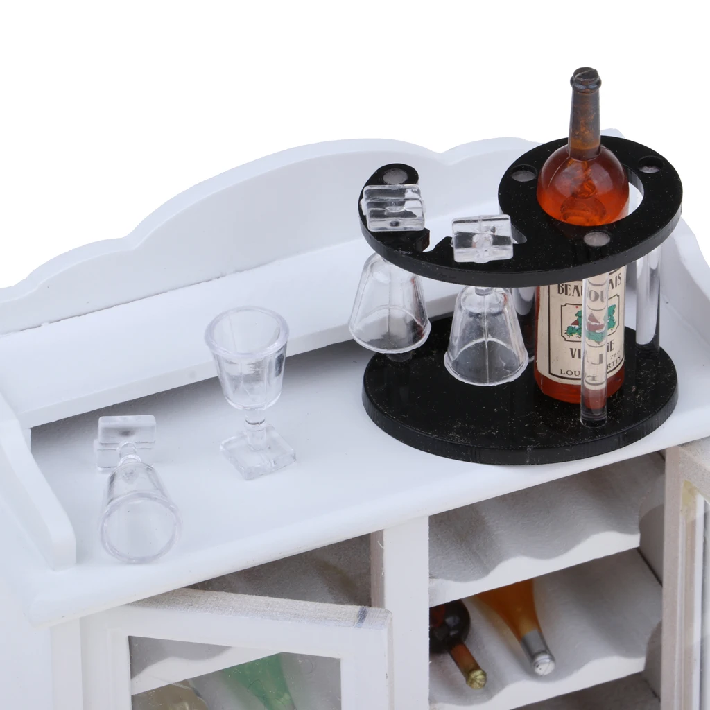 1/12 Dollhouse Miniature Wooden Wine Cabinet & Wine Rack & Cups Model Set Room Furniture Accessories