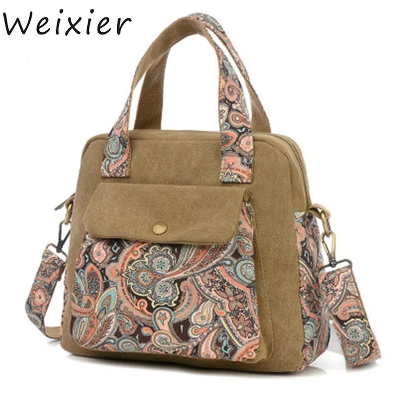 

WEIXIER Quality Vintage Women Handbag Ethnic Style Print Flower Canvas Large Tote Fashion Shoulder bag Women Messenger Bag LY-66