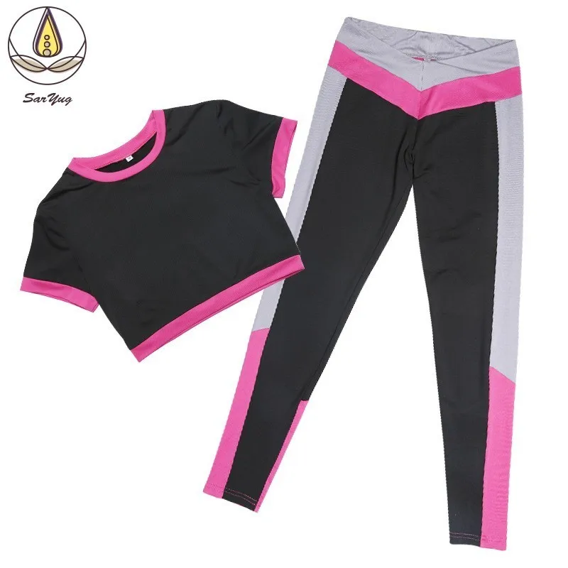 

2 PCS Yogap Set Sport Tank Top Breathable Women Short Slevee Clothes Running Leggings Push Up Patchwork Workout Pants Trousers