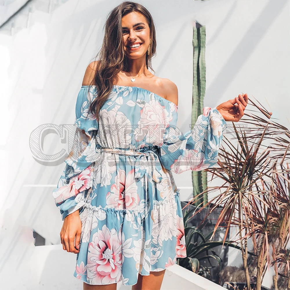 

CUERLY Elegant slash neck Floral print women dress Casual lantern sleeve sashes summer dress Bohemian ruffled ladies dresses