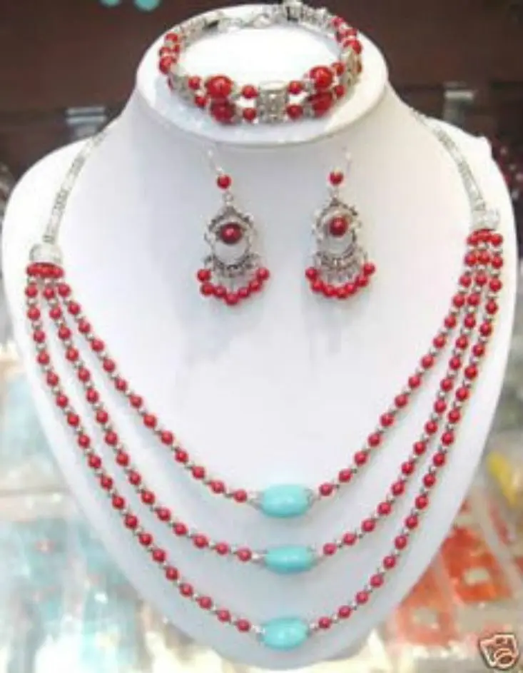 

hot sell new - Miss charm Jew.353 Rare Jewelry tibet Silver Red Coral&turquoise Necklace&Bracelet&earring (A0425)