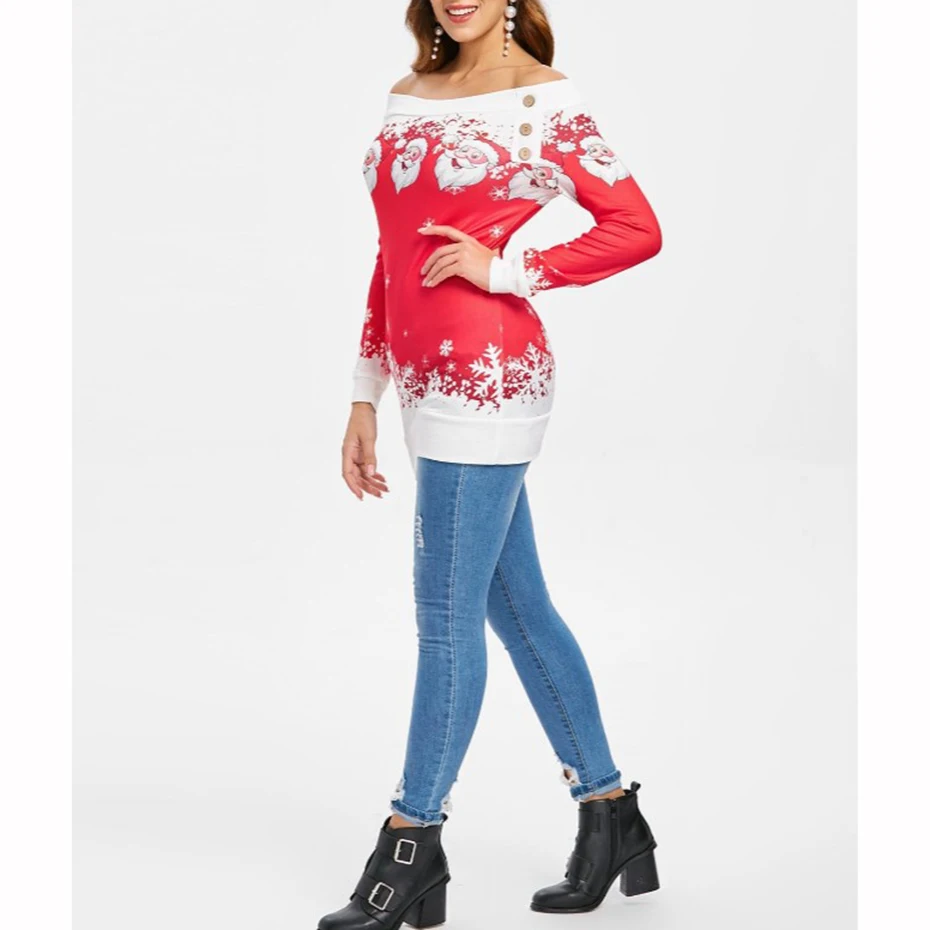 Christmas Sweatshirt Off Shoulder Top Buttons Clothing Womens 2019 New Year Dress Print Santa Cute Autumn Winter Women Pullover (7)