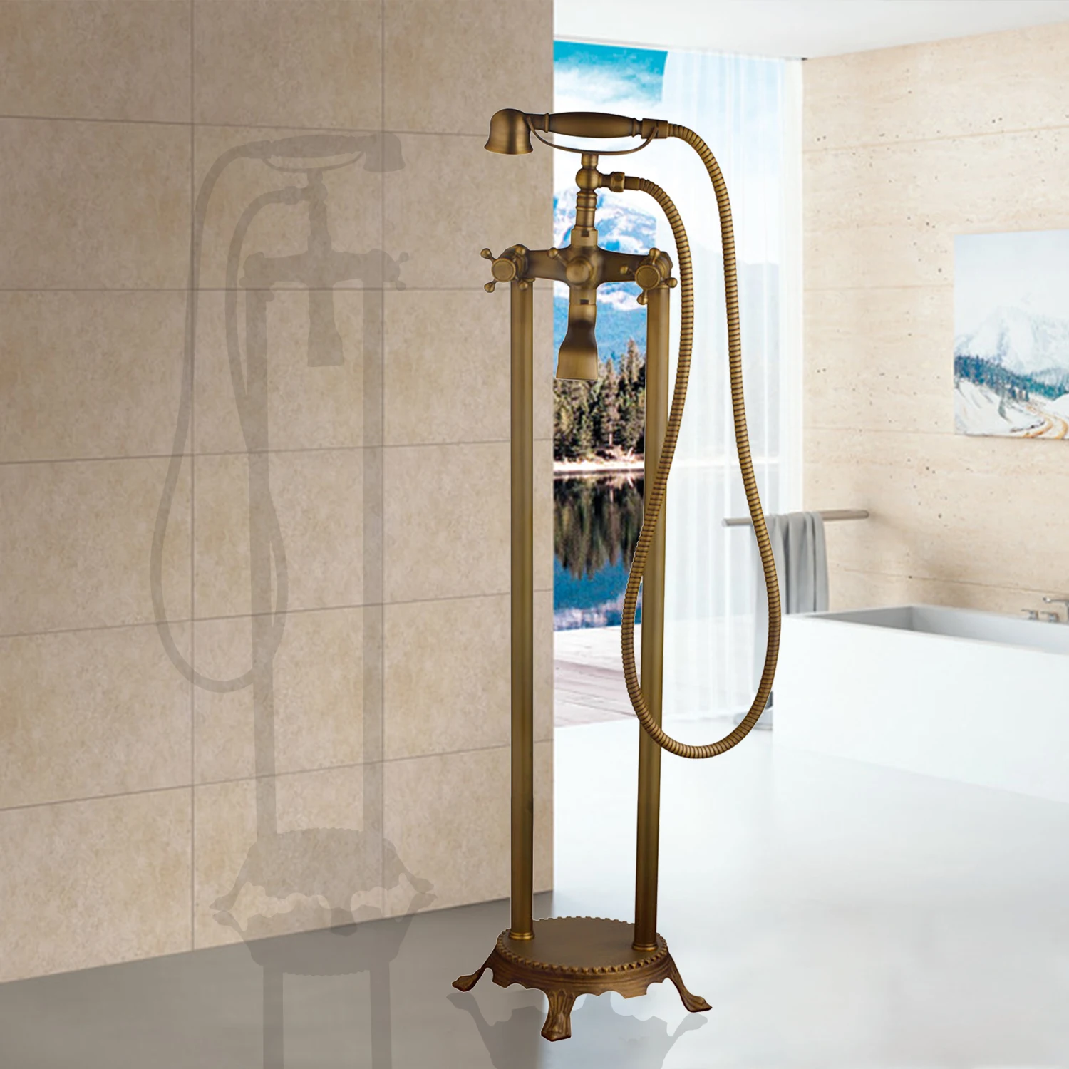 KEMAIDI Золотой/хром/черный/антиве латунный напольный телефонный стиль для ванны, душевой кран, набор для душа, смеситель для ванны - Цвет: Имитация древности