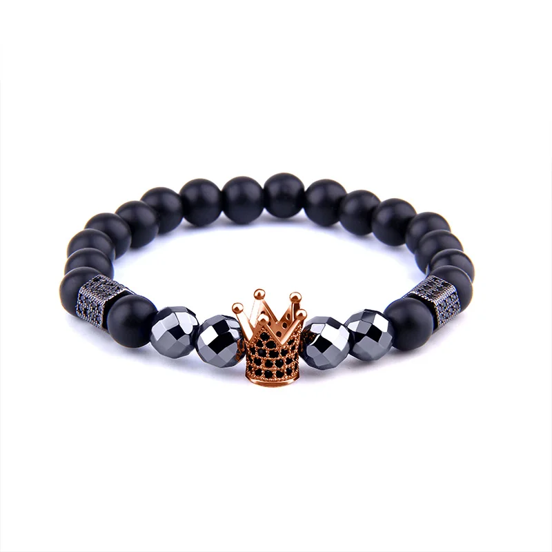 

Natural Hematite Beads Lava stone Men's bracelets High quality Pave CZ Imperial Crown Charm Bracelet For Women Men couple bulk