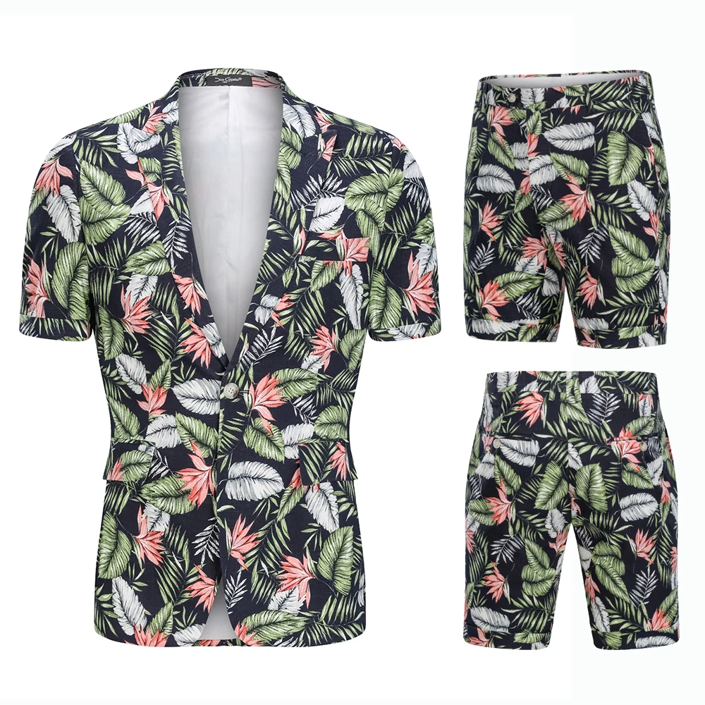 

Hight Quality 100% Cotton Men Suits big size Summer Short Sleeve Suits Men's Holiday Wears Printed Suit Blazers and Shorts 2pcs