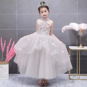 

Children Girls summer piano luxury princess mesh dress model catwalk costume flowers wedding birthday hanging neck evening dress