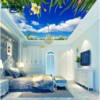 

beibehang Blue sky white clouds flowers green leaves vines ceiling roofs wall paintings custom wallpaper mural decoration