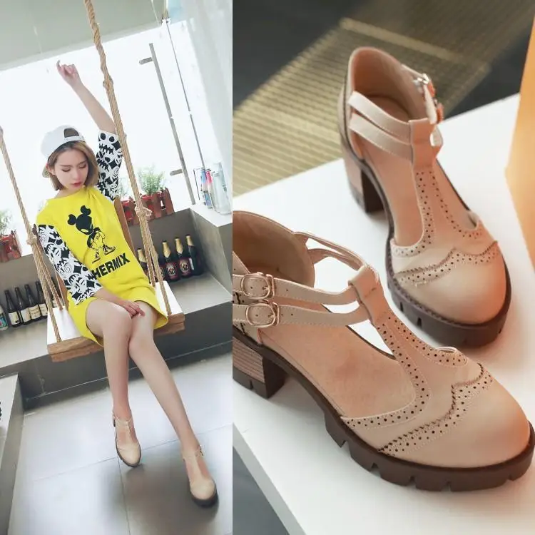 XJRHXJR حجم 34-43 المرأة T-حزام خمر الصنادل كعب مربع الكاحل حزام منصة الصيف أحذية امرأة مكتب سيدة الأحذية