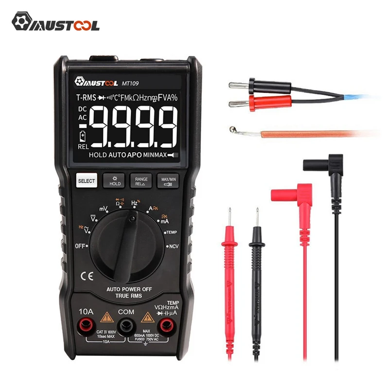 

MUSTOOL MT109 Portable 9999 Counts True RMS Multimeter AC DC Voltage Current NCV Temperature Tester