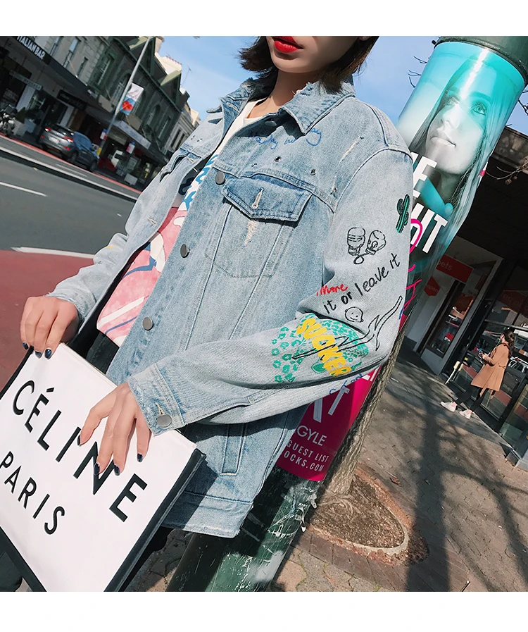 Heavy embroidery embroidered denim jacket bf wind graffiti hole Free shipping