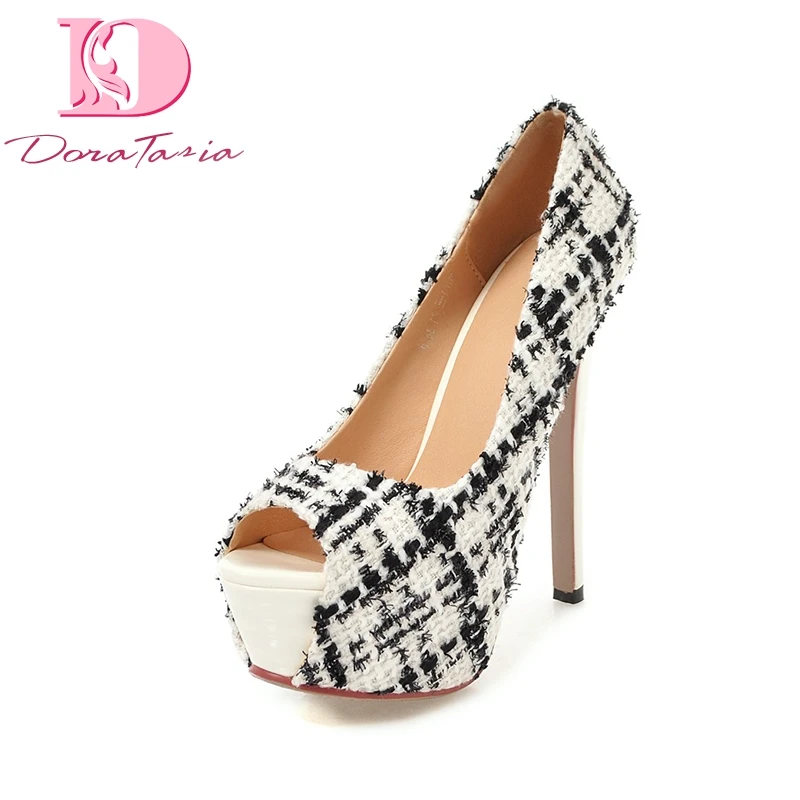 

DoraTasia 2018 High Quality Plus Size 32-43 Slip On Woman Shoes Thin High Heels Peep Toe Platform Women Pumps Shoes