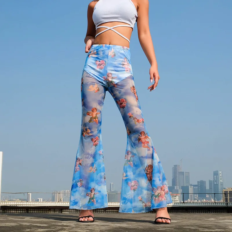 

Sexy Sweatpants for Women Wide Leg Pants Sheer Mesh Trousers Flare Pants High Waist Print Pants Pantalones 2019 Hot Sale